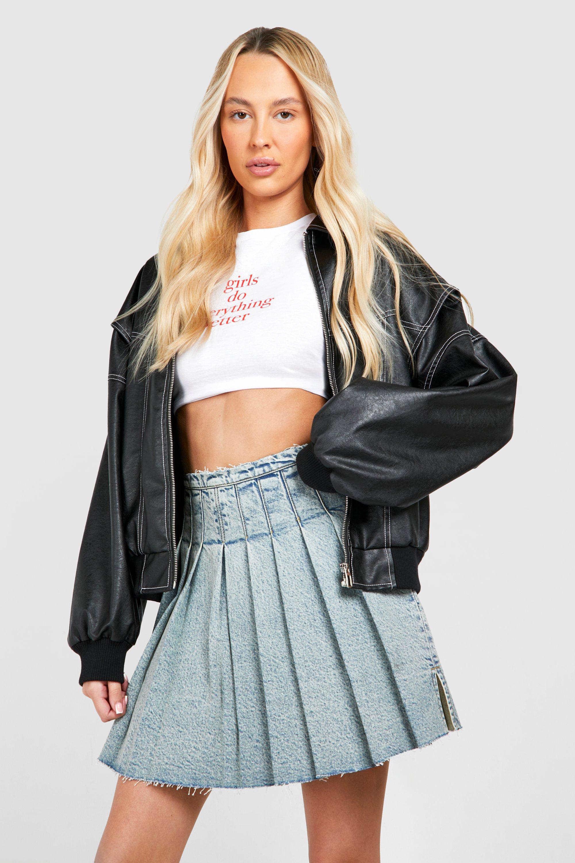 Pleated blue denim mini skirt sale